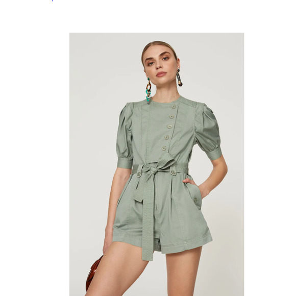 Ulla Johnson Pants - Ulla Johnson Carmine Romper 0 Short Puff Sleeve Asymmetrical Button Belted Green
